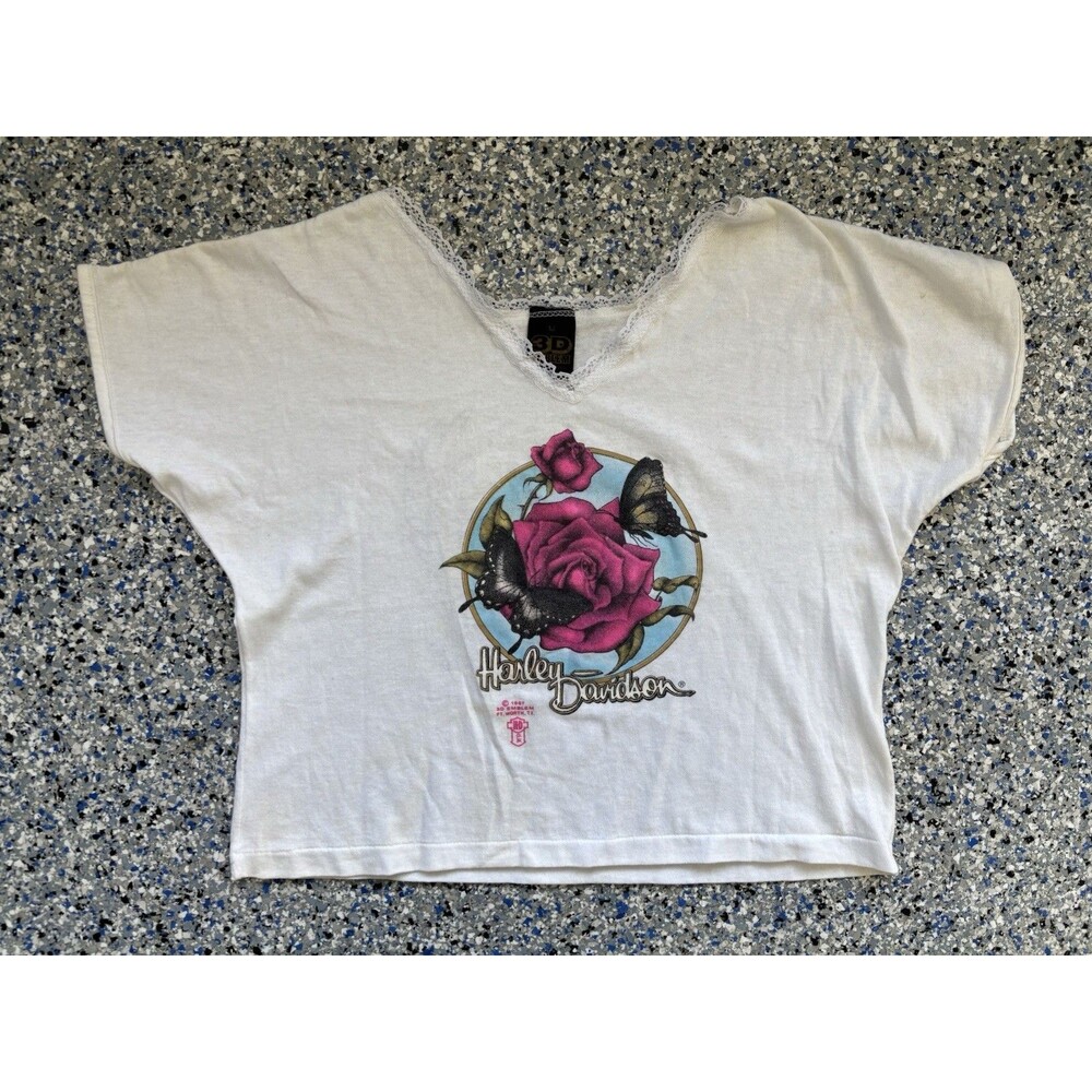 Vintage 1987 Harley-Davidson 3D Emblem Crop Top Featuring A Rose Graphic Size M